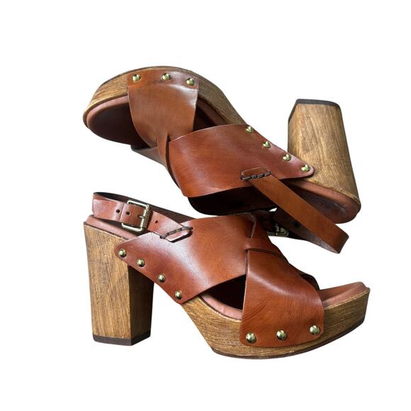 Kenneth Cole Belle Criss-Cross Strap Slingback Heeled Sandals Cognac Leather - Picture 1 of 9
